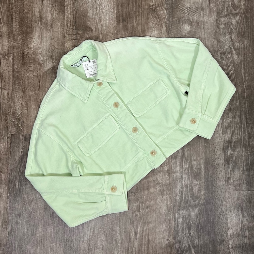 NEW Zara Green Oversized Cropped Button Front Utility Jacket
